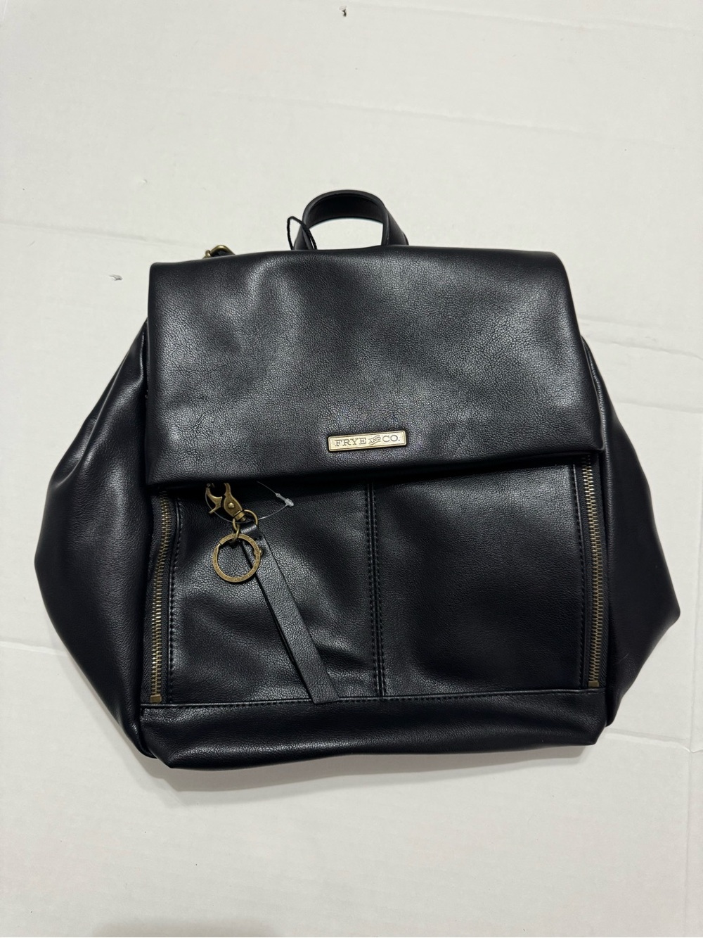 FRYE AND CO. Black Faux Leather Flap Backpack with Gold-Tone Hardware
